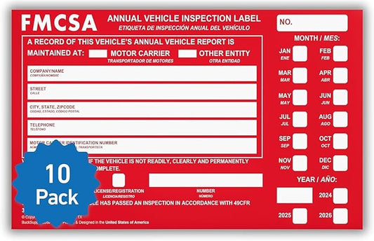 10 Pack Buck Aluminum Annual Vehicle Inspection Label with Punch Boxes, 2 Mil Red FMCSA Self Adhesive Sticker, DOT Compliant, Weatherproof, Tear Resistant, Easy to Write On, 6" x 3.5" - Made in USA