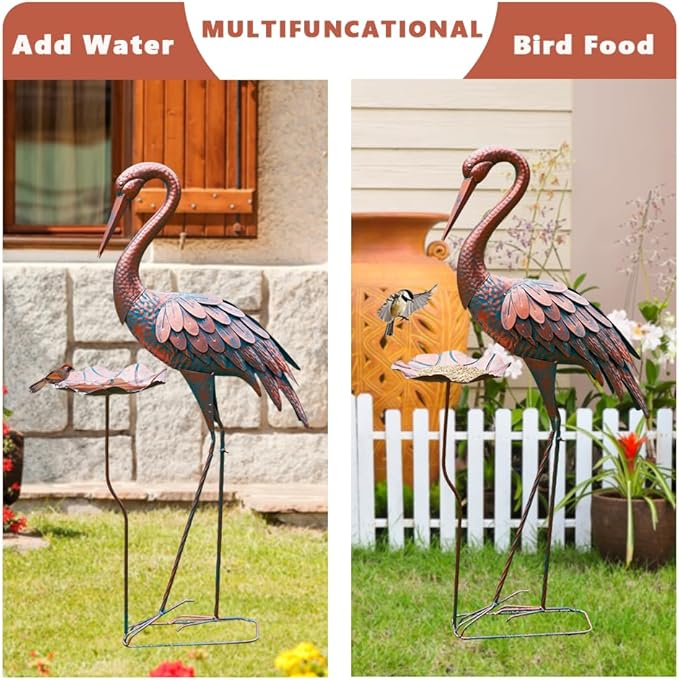42'' Crane Garden Statue, Heron Outdoor Statue & Sculpture with Lotus Leaf, Metal Heron Yard Art Decor for Garden, Yard, Lawn, Pond (Brown & Blue)