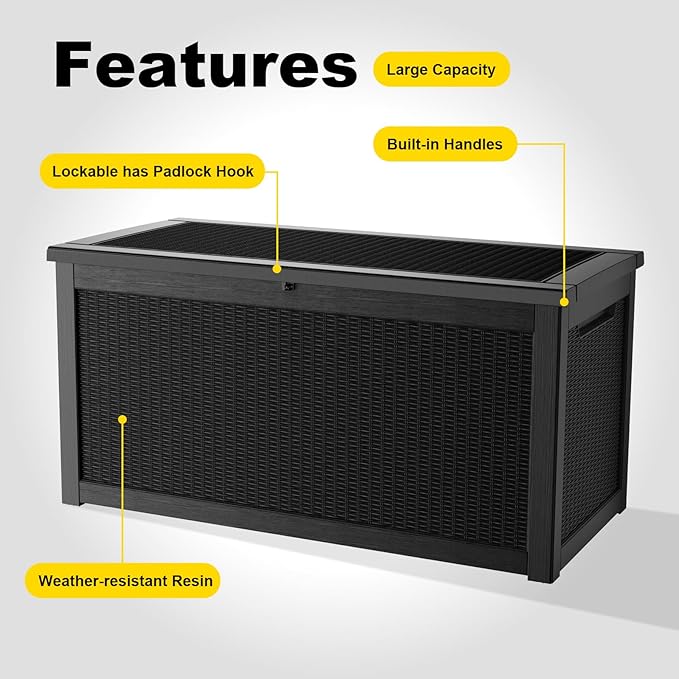268 Gallon Outdoor Deck Box,Storage Lockable Waterproof Patio Furniture,Garden Tools,Cushions,Pool Accessories Outside Storage Resin Box(Black)