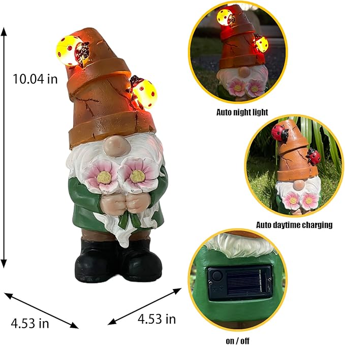 Garden Gnome Statues Outdoor Decor, Solar Gnomes with LED Lighted Flowers, Solar Resin Outdoor Statue Sculpture, for Woman Gift Home and Garden Decor