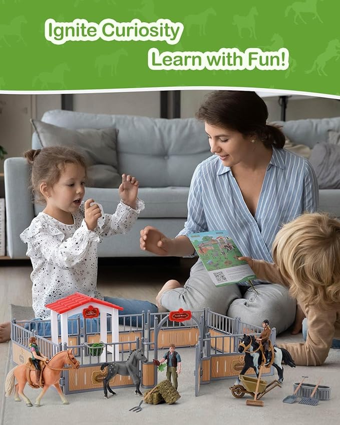Horse Stable Playset, Horse Gifts for Girls and Boys with 3 Horses and 2 Riders, Horse Toys Set Farm Animals Toys for Kids 3 4 5 6 7 8+ (Horse Playset 1)