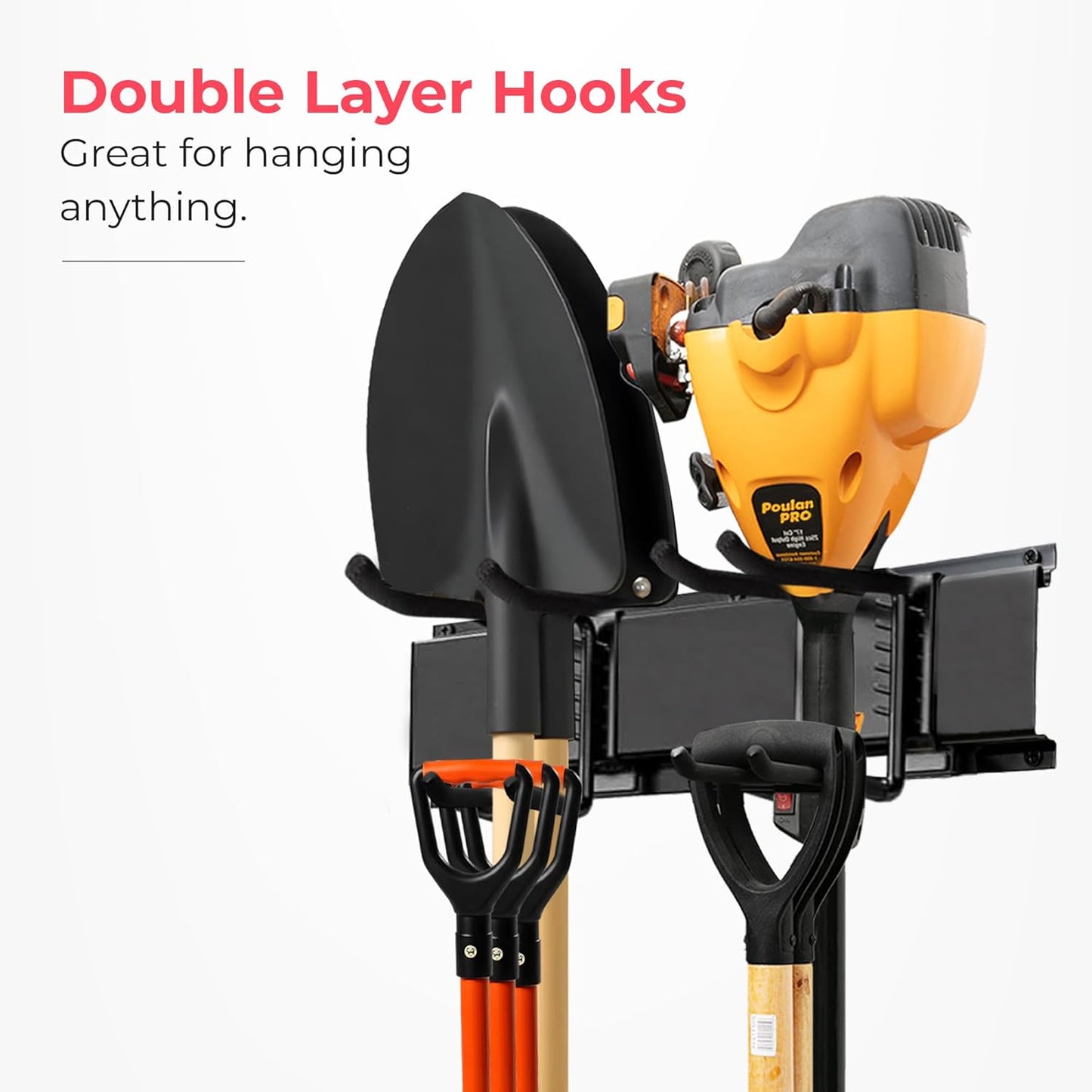 Garage Wall Organizer | 96" Heavy-Duty Tool Storage Rack | Adjustable Double-Layer Hooks | 600 lbs Capacity | Carbon Steel Wall Mount Holder for Shovels, Rakes, Ladders & Power Tools