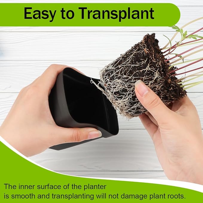 8 Cell Nursery Pots Trays 6 Pack (12" x 6"), 3 inch Square Plastic Nursery Pots 48 Pcs, Durable Carrying Seed Starter Tray, Planting Trays for Holding Small Seedling Pots with Drain Holes (Black)