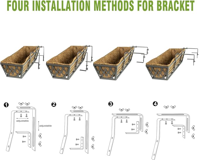 4 Pack 24 Inch Window Boxes Planters Railing Planter Box with Adjustable Brackets for Porch Fence Patio Balcony Hanging Flower Baskets with Coco Liners for Outdoor Garden Decor - Grey