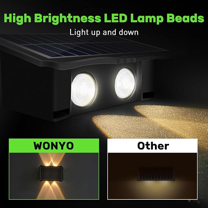4LED Solar Wall Lights, Up and Down Lighting Solar Light Outdoor Waterproof IP65, 6500K/3000K Solar Fence Light for Yard Garden Garage Christmas Decorations (4 Pack)