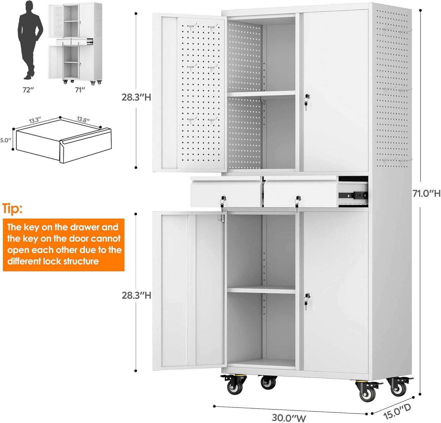 Aobabo Metal Storage Cabinet with 2 Locking Drawer and Pegboard, Steel Rolling Tool Cabinet with 8 Hooks and 2 Adjustable Shelves for Garage, Home, Office, Kitchen Assembly Required, White
