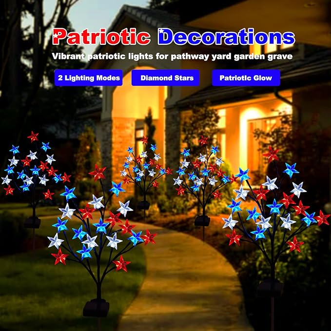 2 Packs Solar 4th of July Decorations Outdoor Lights, Solar Red White and Blue Star Pathway Lights, Waterproof Outdoor Patriotic Decorations Lights for July 4th Memorial Day Garden Yard Pathway Grave