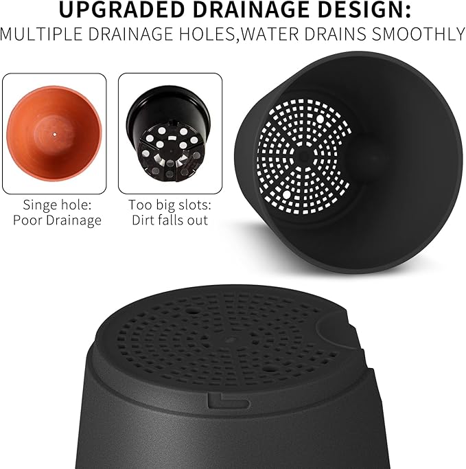 GARDIFE Plant Pots 7/6.5/6/5.5/5 Inch Self Watering Planters with Drainage Hole, Plastic Flower Pots, Nursery Planting Pot for All House Plants, African Violet, Flowers, and Cactus,Black