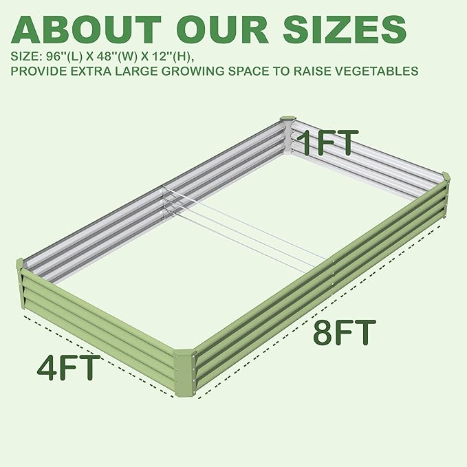 8X4X1ft 2PCS Raised Garden Bed Kit,Galvanized Raised Garden Beds Outdoor,Large Metal Planter Box Steel Kit Flower Herb,Vegetables..Grass Green