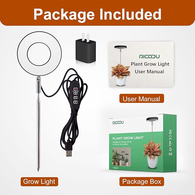 Grow Lights for Indoor Plants Small Potted - Full Spectrum, Auto 3/9/12H Timer, 10-Level Dimming & Adjustable Height - Compact Grow Light for Succulents, Herbs, Foliage in Home/Office (Black,1PACK)