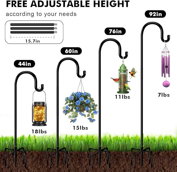 76 in Outdoor Shepherd Hooks for Hanging Plants, Garden Adjustable Heavy Duty Hummingbird Feeder Pole Stand Hanger with Stand for Solar Lantern Flower Baskets Wind Chimes, Black 1 Pack