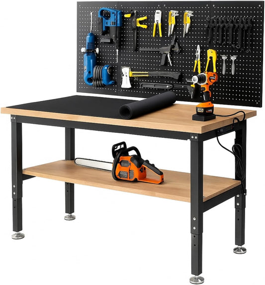 60 Inch Work Bench for Garage Adjustable Height Workbenches with Under Table Shelf Pegboard Pad Power Outlets Work Table for Woodworking, Home, Office, Workshop