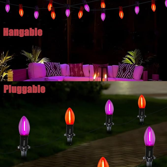 19.5Ft LED Halloween Pathway Lights Outdoor with 10 C9 LED Orange Purple Lights, Outdoor Halloween Decoration Pathway Marker Stakes Lights Waterproof for Yard Garden Sidewalk Walkway Halloween Party