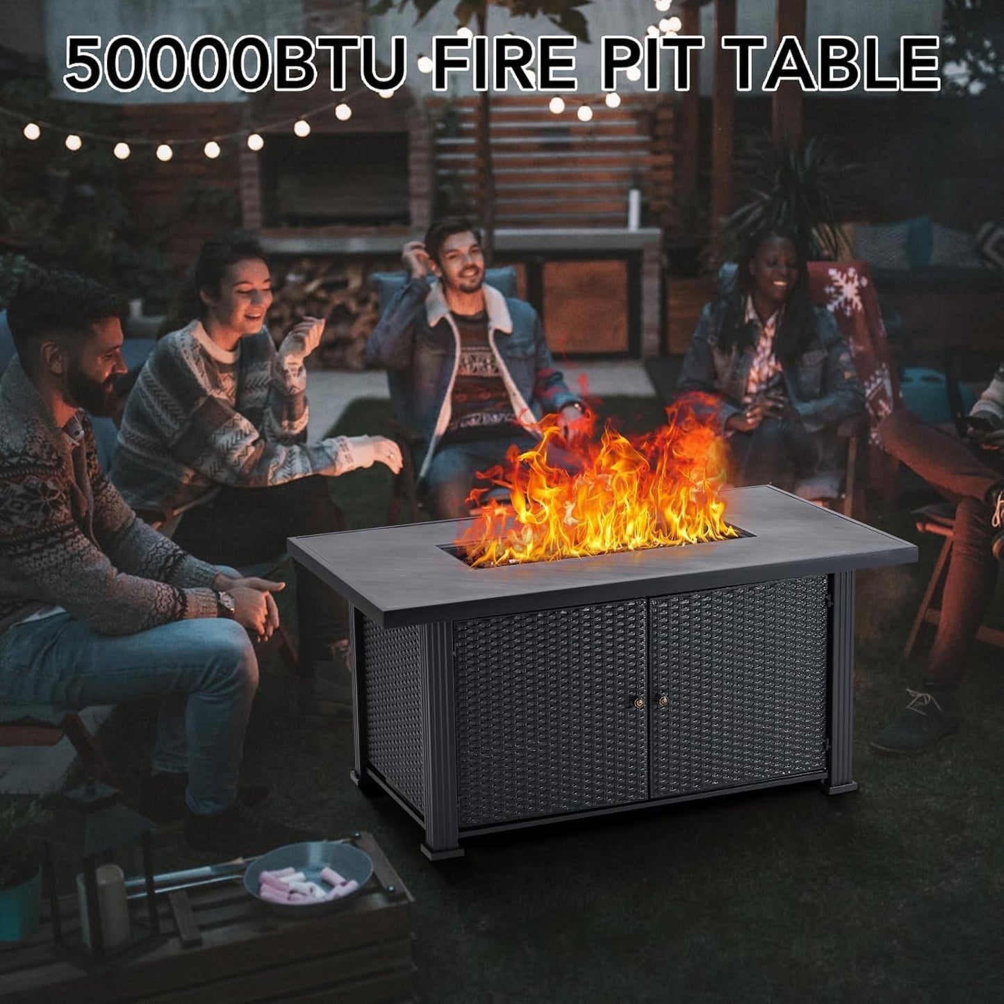 52 Inch Propane Fire Pit Table, 50000BTU Outdoor Gas Fire Pits Rectangular with Rain Cover, Sturdy Steel and Iron Fence Surface, CSA Safety Certified, Companion for Outside Patio Deck Garden