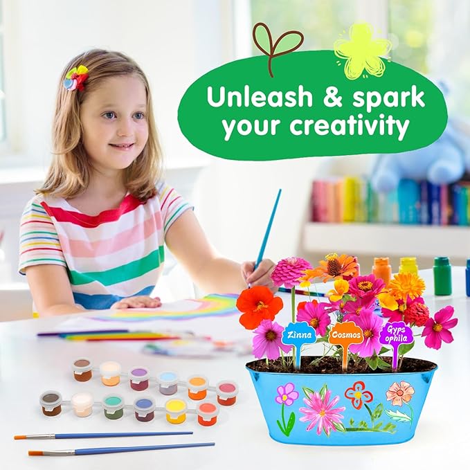 IELEK Paint & Plant Growing Flower Garden Kit for Kids - Arts and Crafts Gardening Set Easter Gifts Kit for Girls & Boys Ages 5, 6, 7, 8, 9, 10, 11 & 12 Year Old