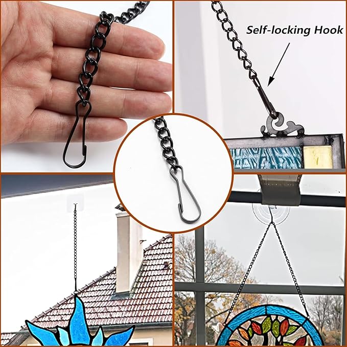 4 Pcs 20 Inch Stained Glass Window Hanging Chain with Suction Cup Hooks, Picture Hanging Chain Sunshine Catcher Black Metal Nickel Plating Stained Glass Window Panels Chains