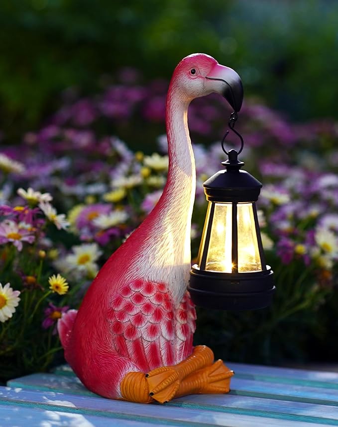 Goodeco Flamingo Statue with Solar Lantern - Artistic Pink Flamingo Decor for Outdoor Garden & Home, Flamingo Gifts for Women - Flamingo Lamp with Solar Lights Outdoor, LD602291
