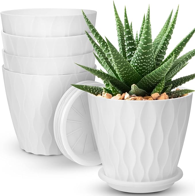 6 inch Plant Pots, 5 Pack Flower Pots Outdoor Indoor, Planters with Drainage Hole and Tray Saucer.