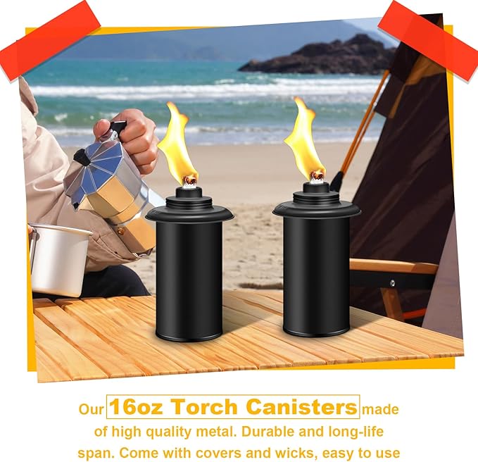 4 Pack Torch Canisters,16oz Replacement Torch Refillable Canisters with Wicks,Caps, Outdoor Citronella Fuel Torch Canister for Luau Party, DIY Garden Decor.
