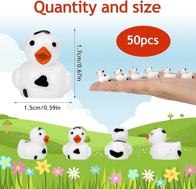 50 Pcs Mini Resin Ducks, Cute Tiny Cow Ducks, Mini Cow Resin Duck Bulk, Fun Cow Print Duck Miniature Duck Figurines, Cow Theme Mini Black White Cow Resin Ducks for Micro Landscape Dollhouse