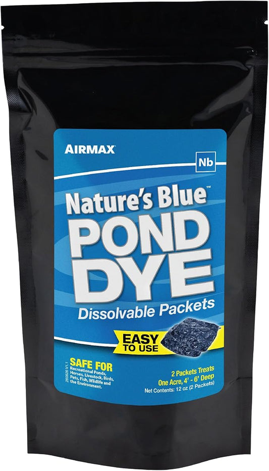 Airmax Pond Dye Packets Nature's Blue Colorant for Large Pond & Lake, Beneficial UV Blocking Color Concentrate, Maintain Clean & Clear Pond, Fish, Bird & Animal Safe, Easy Treatment, 2 Soluble Packets