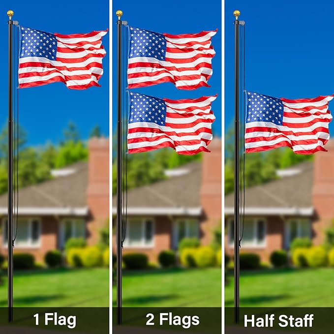20FT Sectional Super Thick Flag Pole Kit, Heavy Duty 13 Gauge Aluminum in Ground Flagpole with 3x5 American Flag for Residential or Commercial, Black