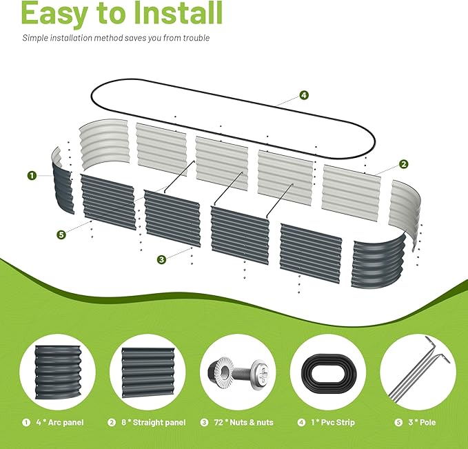 8x2x1.5ft Raised Garden Bed-Oval Outdoor Galvanized Planter Box for Vegetables, Fruits,Herbs, Flowers,Metal Raised Garden Bed kit-Black Grey