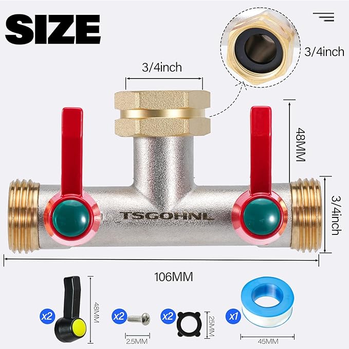 Hose Splitter, 180 Degree T Type Water Hose Splitter, Faucet Splitter 2 way 3/4" GHT Thickened Hexagonal Water Inlet with 2 More Extension Handles