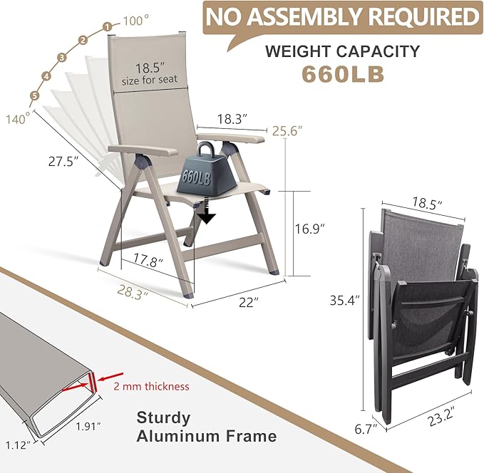 Adjustable Folding Chair, Indoor Bedroom, Outdoor Balcony, Patio, Lawn Yard Beach, Porch, for Comfortable Foldable Lounge Chair, Portable Cozy Recliner, Metal Frame