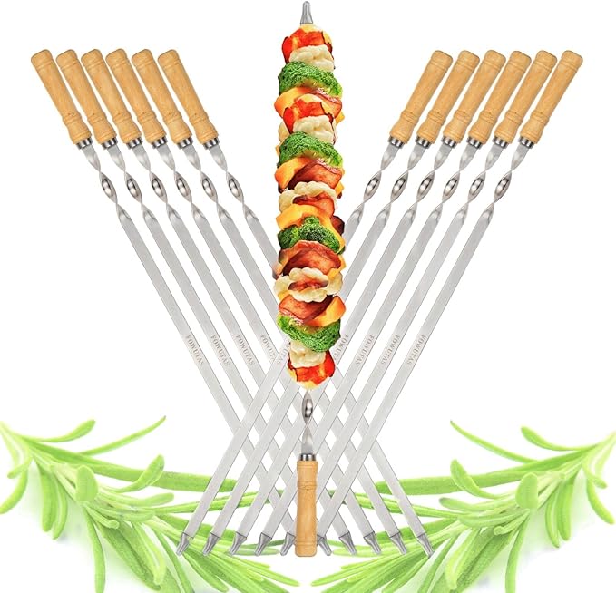 23.6" Large Size Kabob Skewers Flat Metal BBQ Barbecue Skewer Wooden Handle Stainless Steel Shish Kabob Stick Wide Reusable Grilling Set Meat Shrimp Chicken Vegetable Kebab Fork Sausage-12PCS