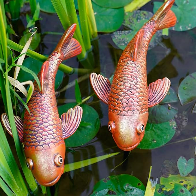 Antique Ceramic Koi Fish Garden Statues - Set of 2 | Exquisite Fish Sculptures for Outdoor, Patio, Pond, and Garden Decorations (Brassy)
