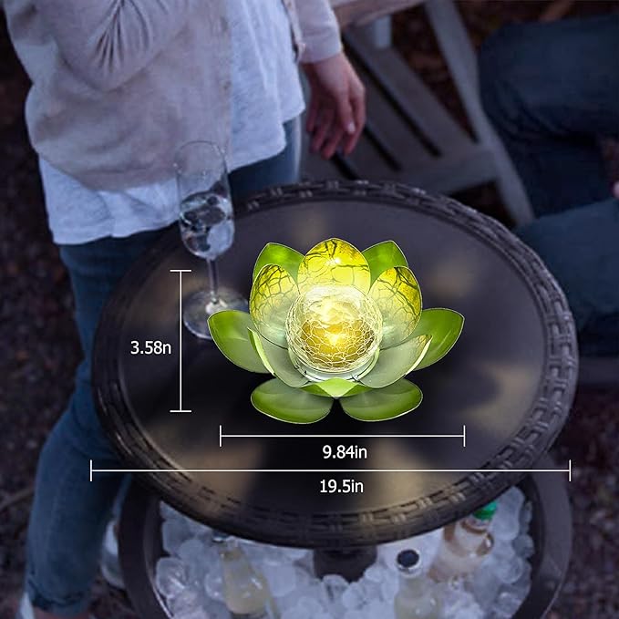 Huaxu Solar Lights Outdoor Garden Decoration Crackle Globe Glass Waterproof LED Metal Green Lotus Flowers Gift for Mom,Women,Patio,Lawn,Walkway,Tabletop,Ground