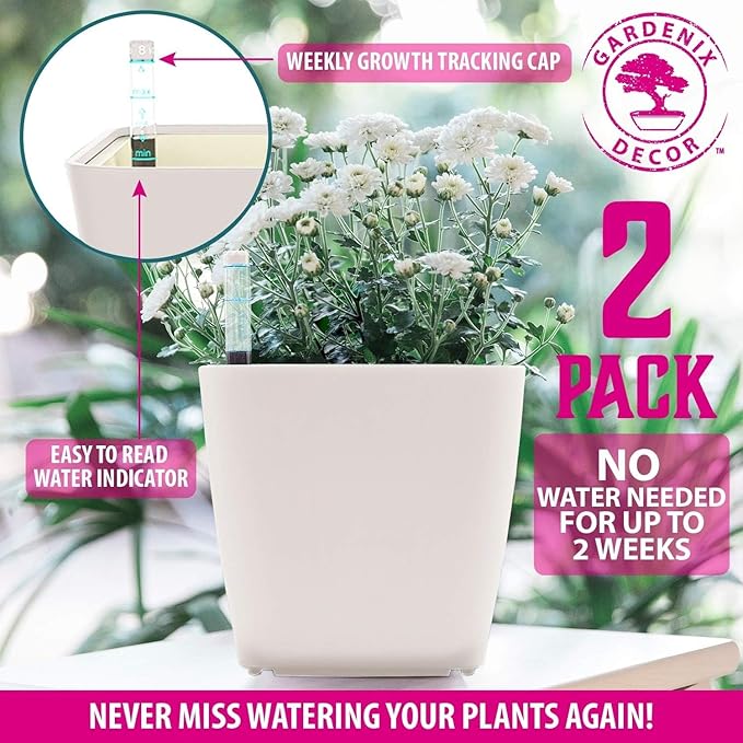 GARDENIX DECOR 5" Self Watering pots for Indoor Plants - Flower Pot with Water Level Indicator for Plants, Grow Tracking Tool - Self Watering Planter Plant Pot – 2 Pack White