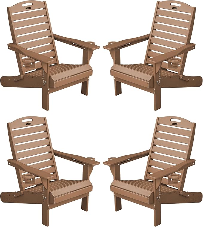 Adirondack Chairs Set of 4, Outdoor Fire Pit Chairs, HDPE All-Weather Adirondack Chairs with Cup Holder, Lawn Chair for Deck, Patio, Garden (Teak)