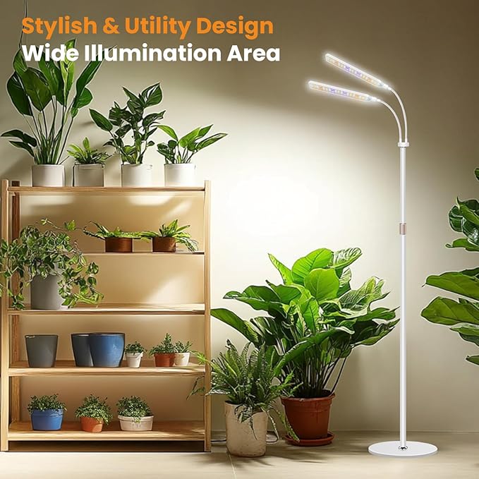Grow Lights for Indoor Plants with Stand, 2-Heads Full Specturm Plant Grow Light with 4/8/12/16H Timer, 3 Color Modes, 360° Flexible Gooseneck, 24-68.7in Hight Adjustable Plant Growing Lamp