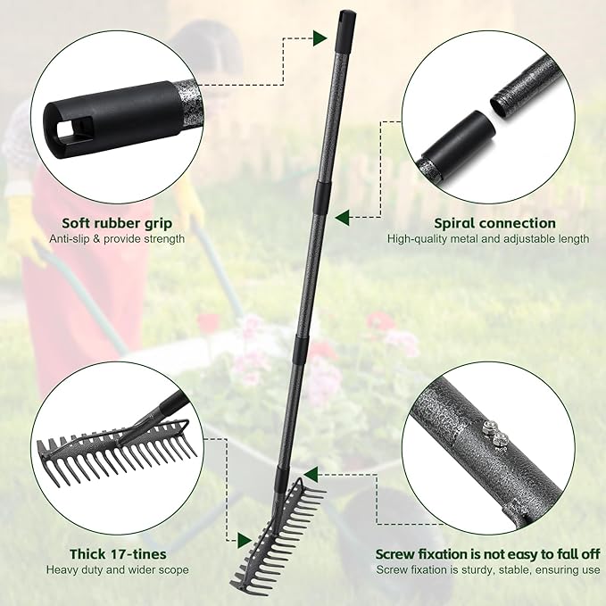 63'' Bow Rake ，17 Tines Metal Head Rakes with Stainless Steel Handle，Heavy Duty Garden Rake for Loosening Soil Gathering Leaf Leveling Lawn Farming Land Management Yarn Thatch Rake