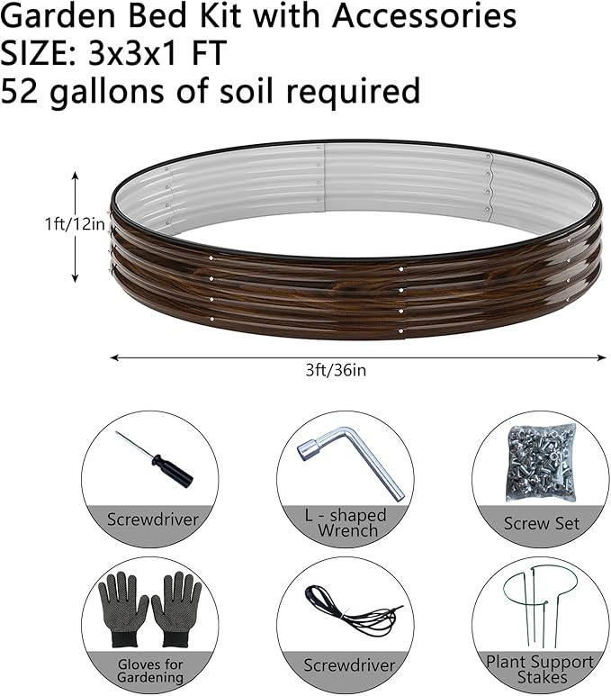 Galvanized Metal Planter Round Raised Garden Bed Kit for Gardening Outdoor Grow Garden Box Raised Flower Bed Round Galvanized Planter Outdoor Brown 1PC