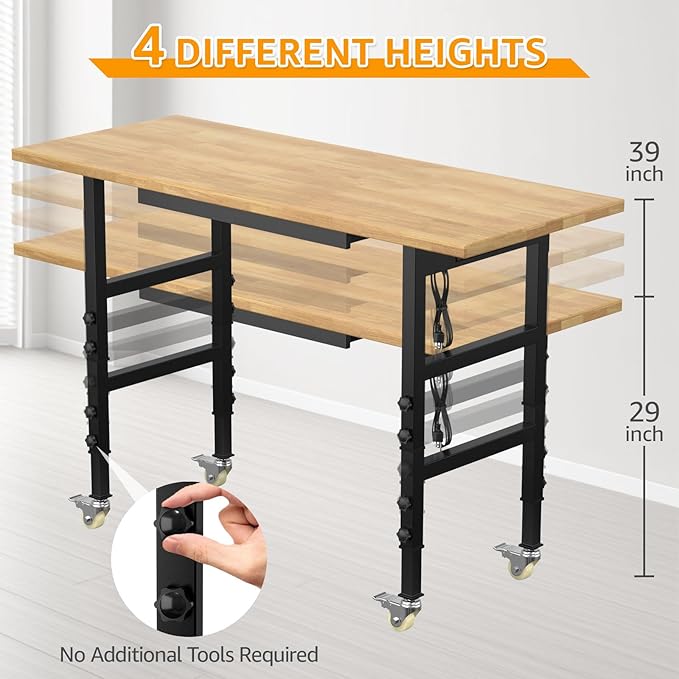 60" Adjustable Workbench,Heavy-Duty Work Table,3000 LBS Load Capacity Hardwood Workstation Outlets with Power Strips, Drawers and Wheels,for Workshop, Garage