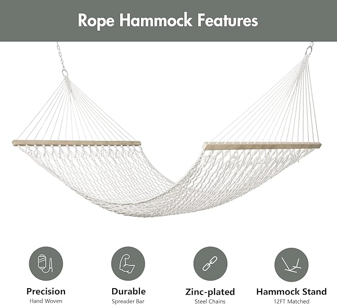 ANOW Outdoor Rope Hammock with Spreader Bars, Heavy Duty Hammock with Pad for Outdoors Indoors, 450 LBS Weight Capacity, Gray