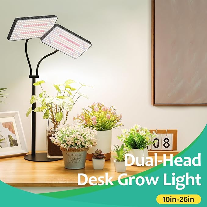 2024 Upgraded Desk Grow Lights for Indoor Plants, Dual-Head 428 LED Tabletop Full Spectrum Grow Light, with 3/6/12H Timer, 6 Brightness Levels, 3 Lighting Modes, Height Adjustable for 10-26 inches