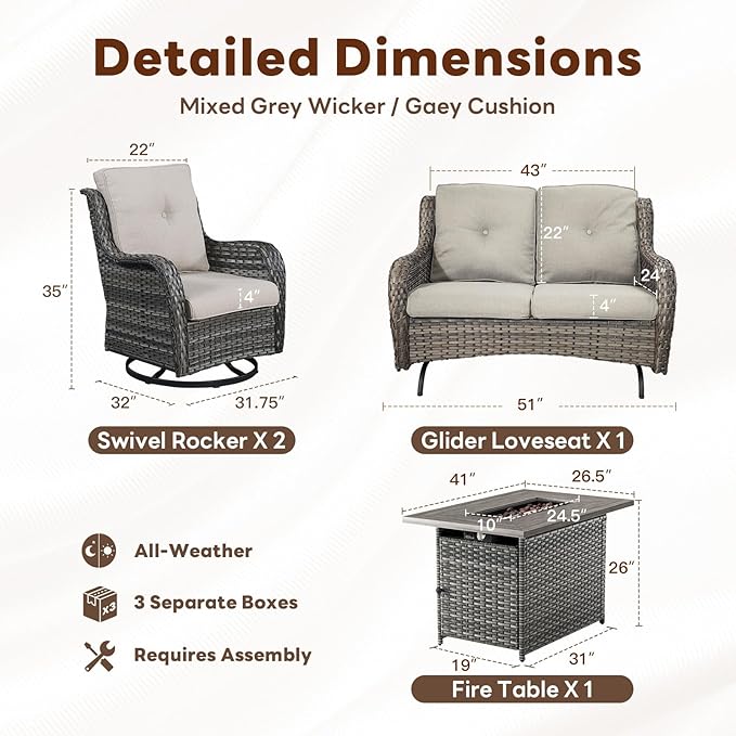 4 Piece Patio Furniture Set with Fire Pit Table - 41inch 50000 BTU Propane Fire Pit Table with High Back Loveseat Glider Chair and 2 Swivel Rocker Chair for Casual Gathering