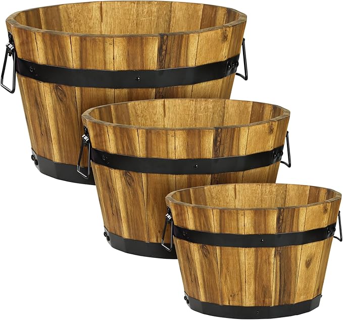 IDZO Set of 3 Wooden Flower Planters for Outdoor Plants, Acacia Wood Barrel Planters, Ergonomic Handles, Drainage Holes, Various Sizes, Golden Teak