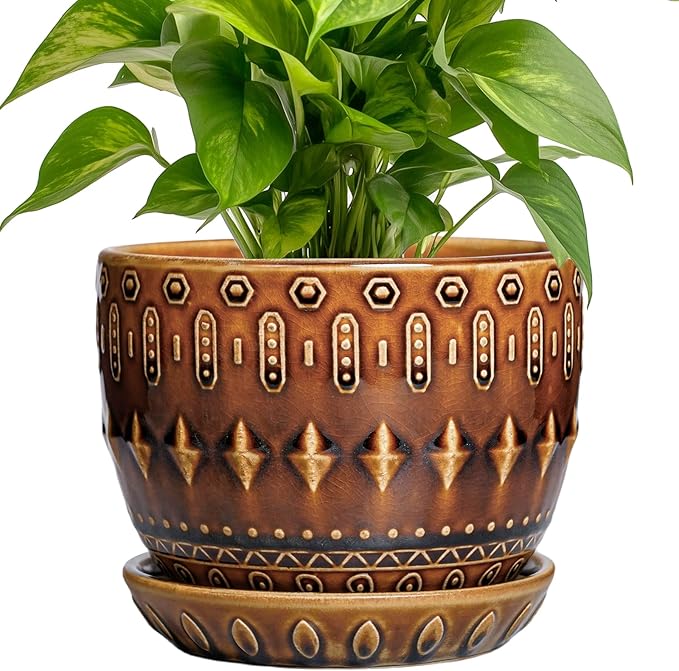 G EPGardening 5.5 Inch Plant Pot - Ceramic Planter for Indoor Outdoor Plants, Boho Round Indoor Flower Pot with Drainage Hole and Saucer, Housewarming Gifts, Garden Home Room Decor, Brown