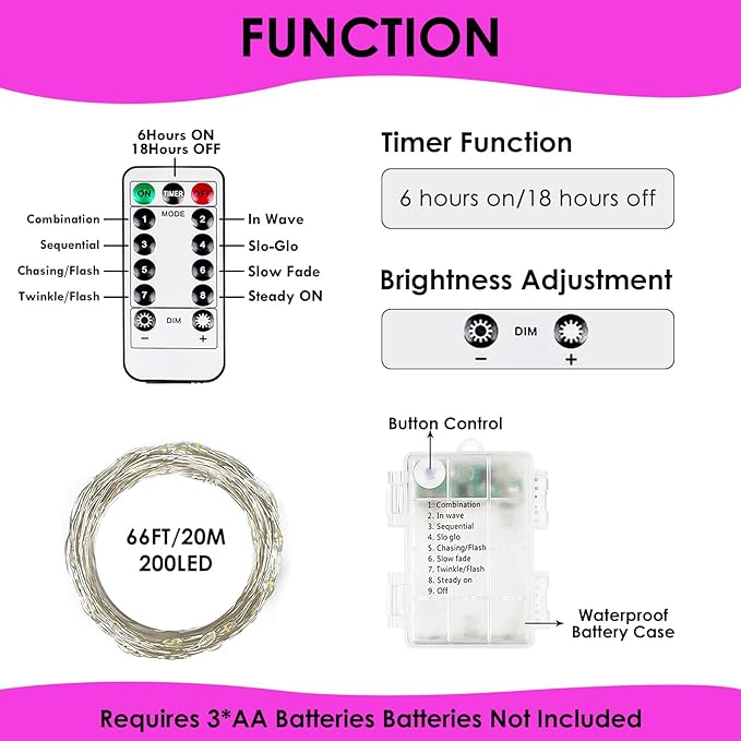 66Ft 200LED Fairy Lights Battery Operated with Remote, Waterproof Christmas String Lights with Timer for Indoor & Outdoor, Twinkle Light for Girl's Room Honeymoon Mother's Day Valentines Decor (Pink)