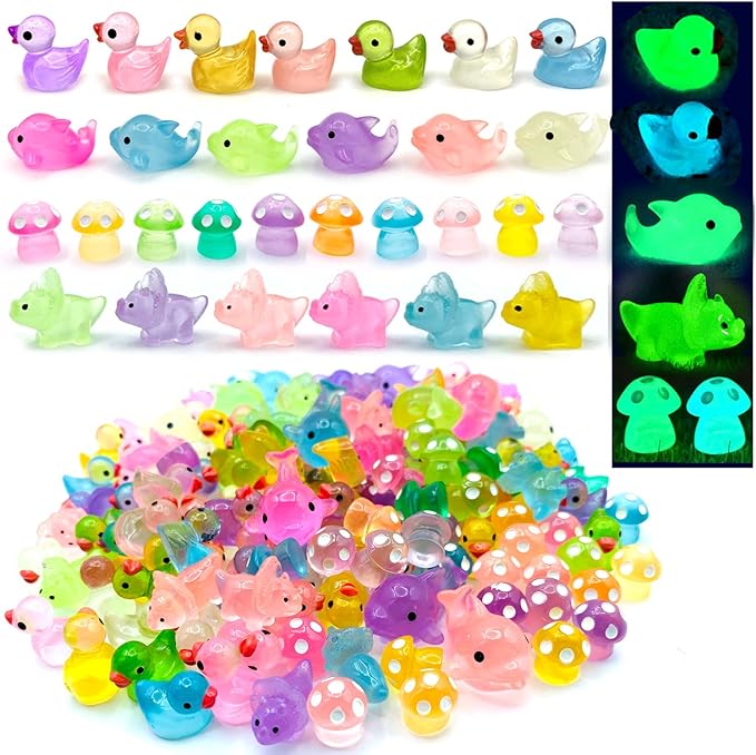 148Pcs Luminous Mini Resin Animals, Tiny Ducks Glow in The Dark Dolphins Dinosaurs Mushrooms 4 Combination Resin Set, Miniature Figures for Garden Decoration Aquarium Home Party Decor