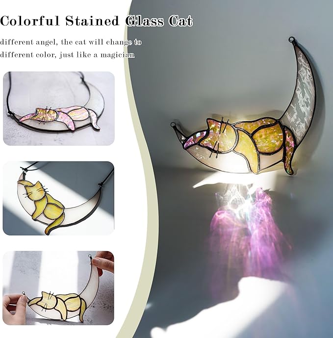 HDCRYSTALGIFTS Orange Cat On Moon Stained Glass Window Hangings,Tabby Cat Decoration suncatcher Hanging Ornament Gift for Mom,Cat Memorial Gifts for Cat Lovers, Pet Loss Sympathy Gift