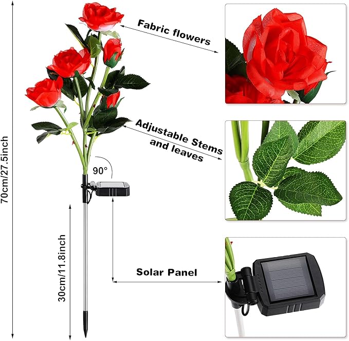 4 Pack Outdoor Solar Flower Lights Waterproof Garden Decorative Lights Outside Solar Powered Pathway Lights with 20 Realistic Rose Flowers for Yard Lawn Pathway Backyard Decor(Red)