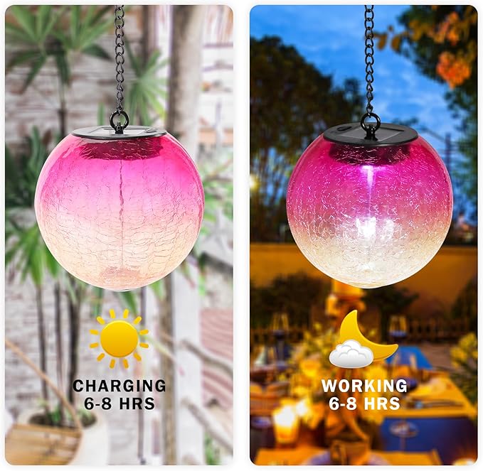 Hanging Solar Lights Outdoor Solar Lanterns Outdoor Decorative Cracked Glass Ball Lights Solar Powered Waterproof LED Globe Lantern for Outdoor Porch Patio Garden Decor Gift Red