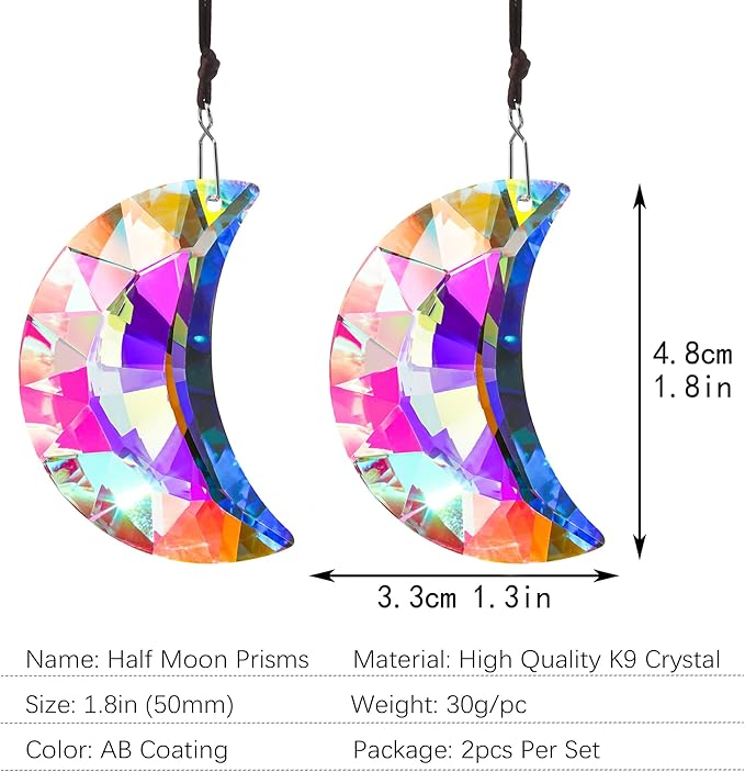 HDCRYSTALGIFTS 2pcs 50mm Crystal Prisms Sun Catchers,Half Moon Drop Hanging Suncatchers for Windows, Rainbow Maker Crystals Decoration