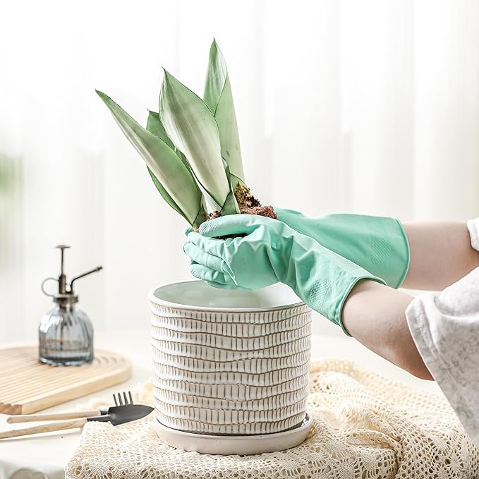 8 Inch Plant Pot: Ceramic Planter with Drainage Hole & Saucer - Cream White Flowerpot for Indoor & Outdoor Plants - with Separate Tray for Home & Office - Wave Embossed Design